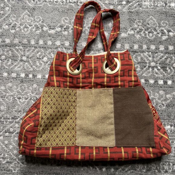 Handmade Tote Purse Bag Tapestry Double Shoulder Cinch Strap Knitting Sewing - Picture 1 of 12